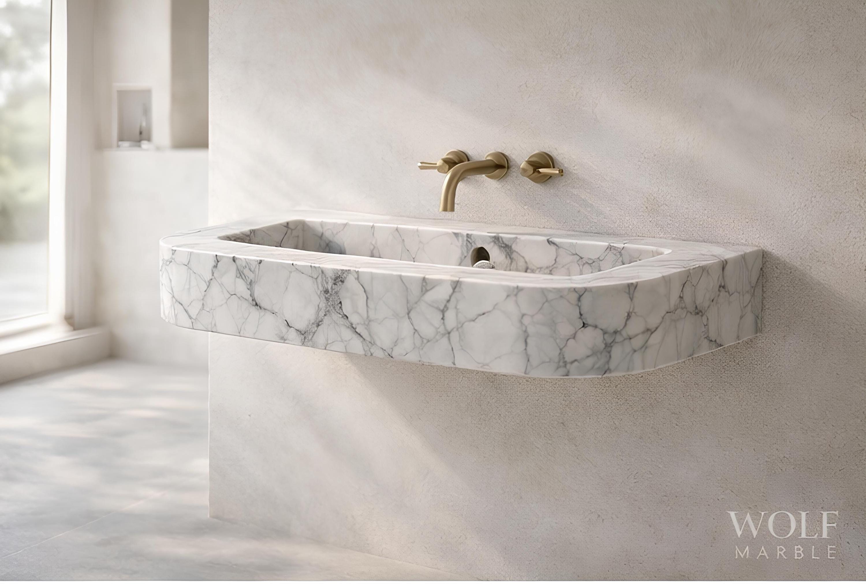 Hand-Carved White Marble Wall-Mount Bathroom Sink with Brass Fixtures, Custom Size