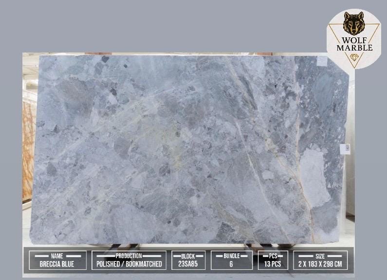 Breccia Blue Marble Slab: Bookmatched Natural Stone, Polished/Leather Finish