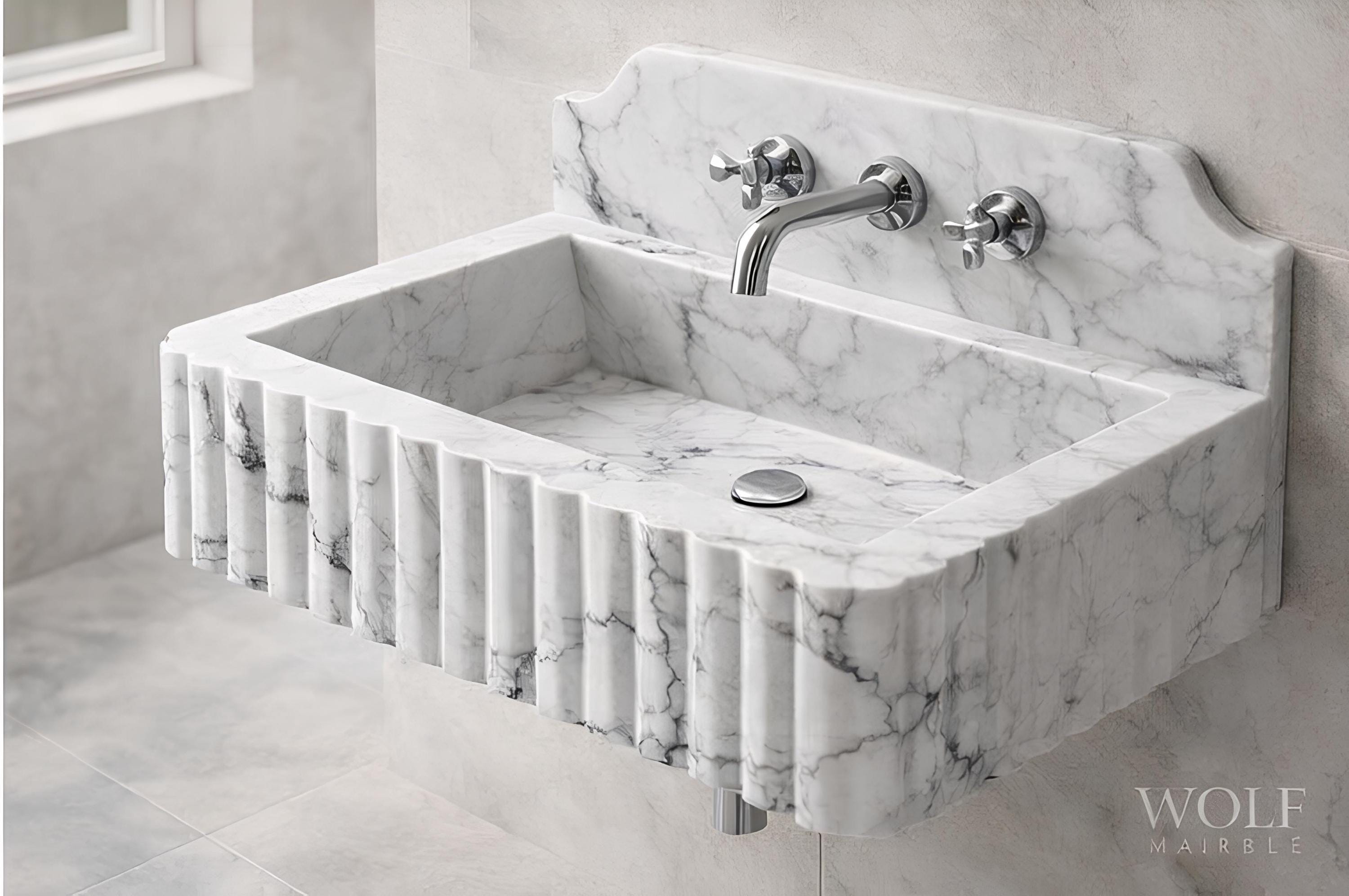 Hand-Carved Fluted Carrara Marble Sink – Luxury Bathroom Vanity Basin, Custom Size 2