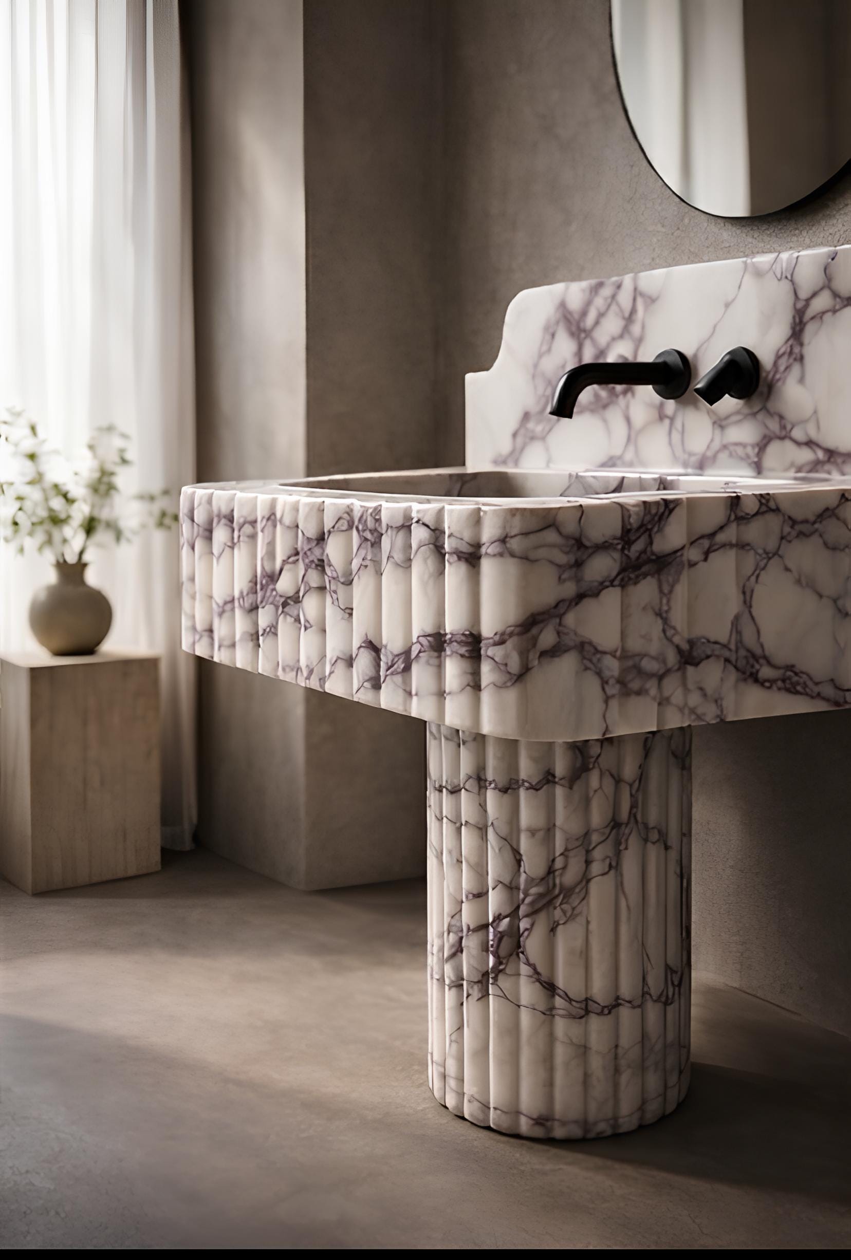 Hand-Carved Calacatta Viola Marble Pedestal Sink | Modern Luxury Bathroom Basin (30” x 16” x 8”) 4