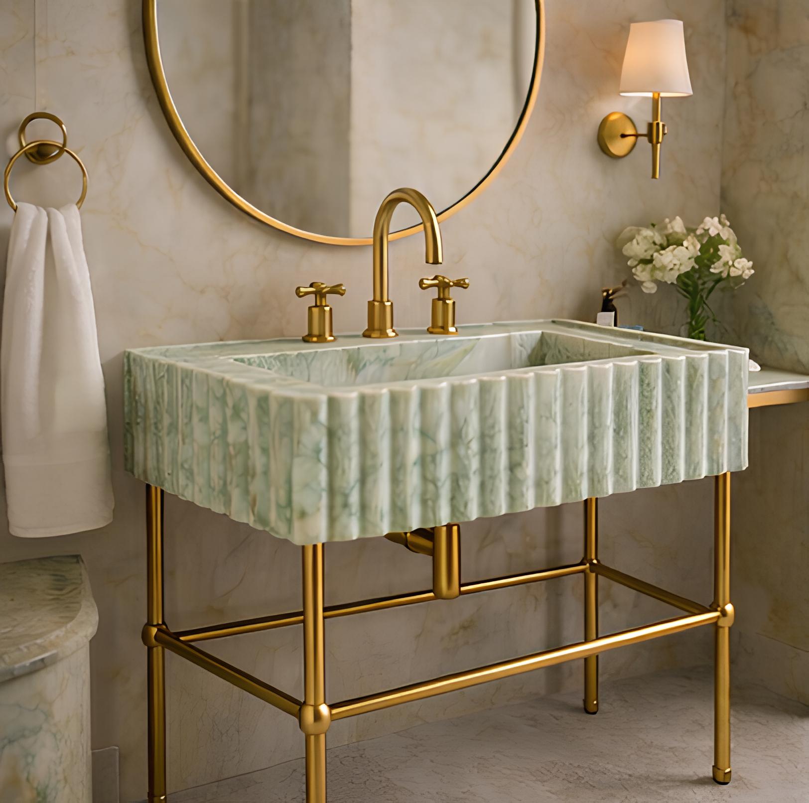 Handmade Fluted Marble Sink with Brass Console | Custom Vanity (28” x 14” x 6”) 3