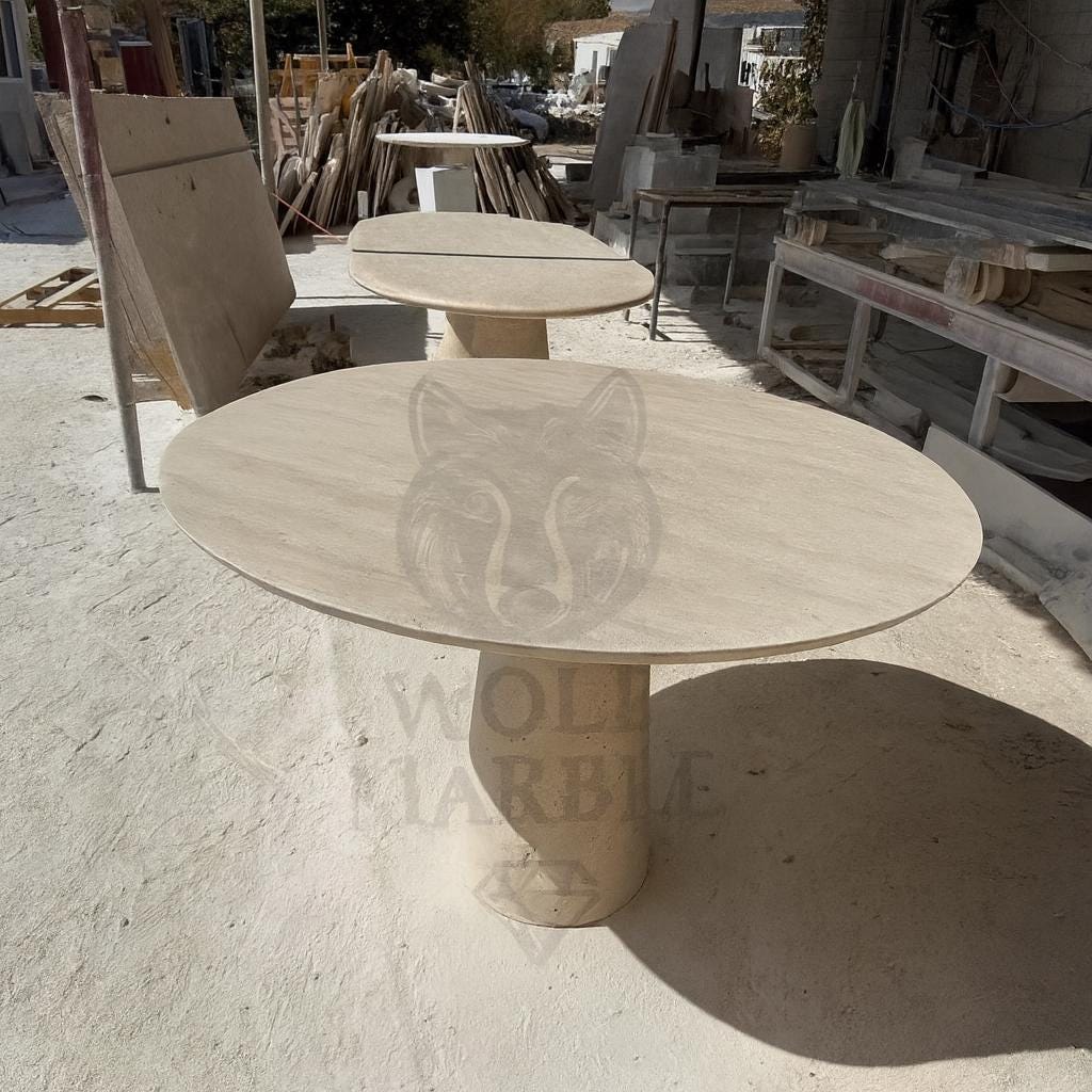 Handmade Beige Marble Dining Table: Modern Round Pedestal Base 2
