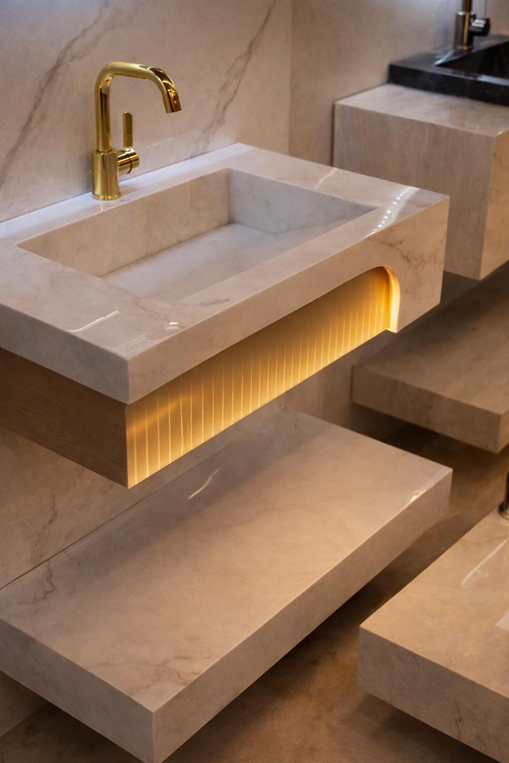 Single-Block Marble Floating Sink with Motion Sensor LED Lighting – Handmade Luxury Bathroom Vanity 2