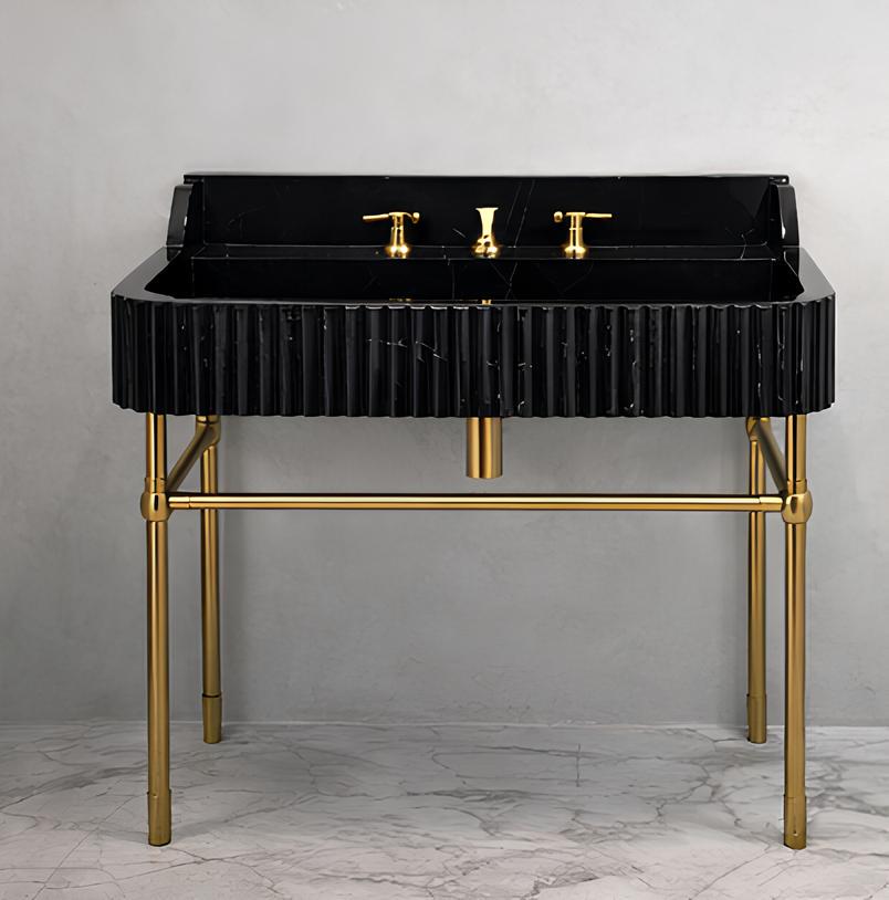 Handmade Nero Marquina  Afyon Marble Sink: Fluted Stone Basin with Brass Legs. 2