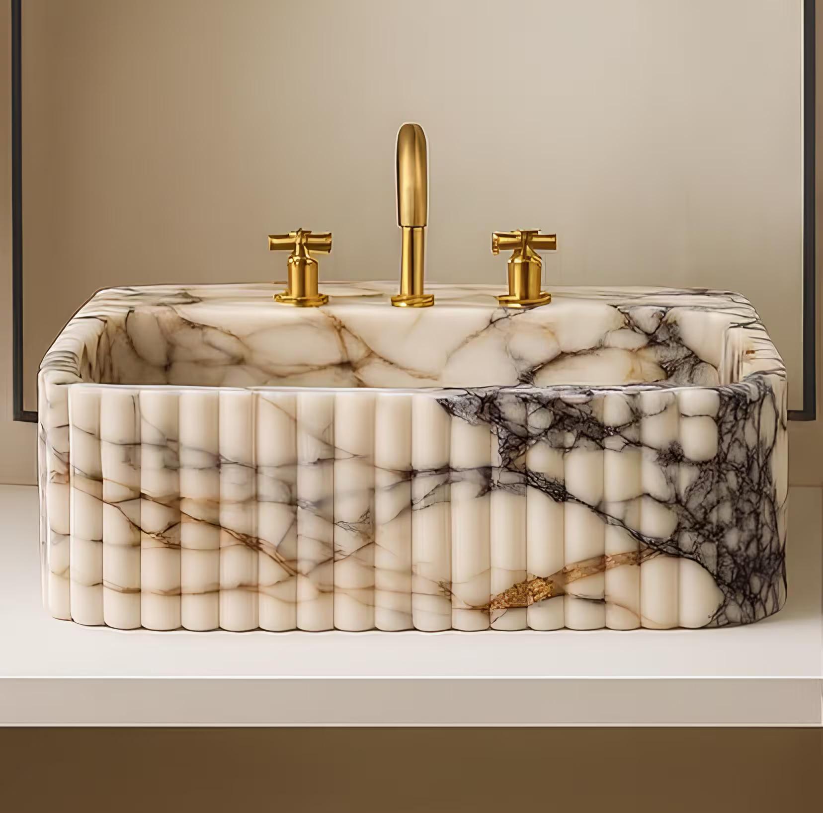 Handmade Calacatta Viola Marble Sink – Ribbed Vanity Basin, Custom Size 2