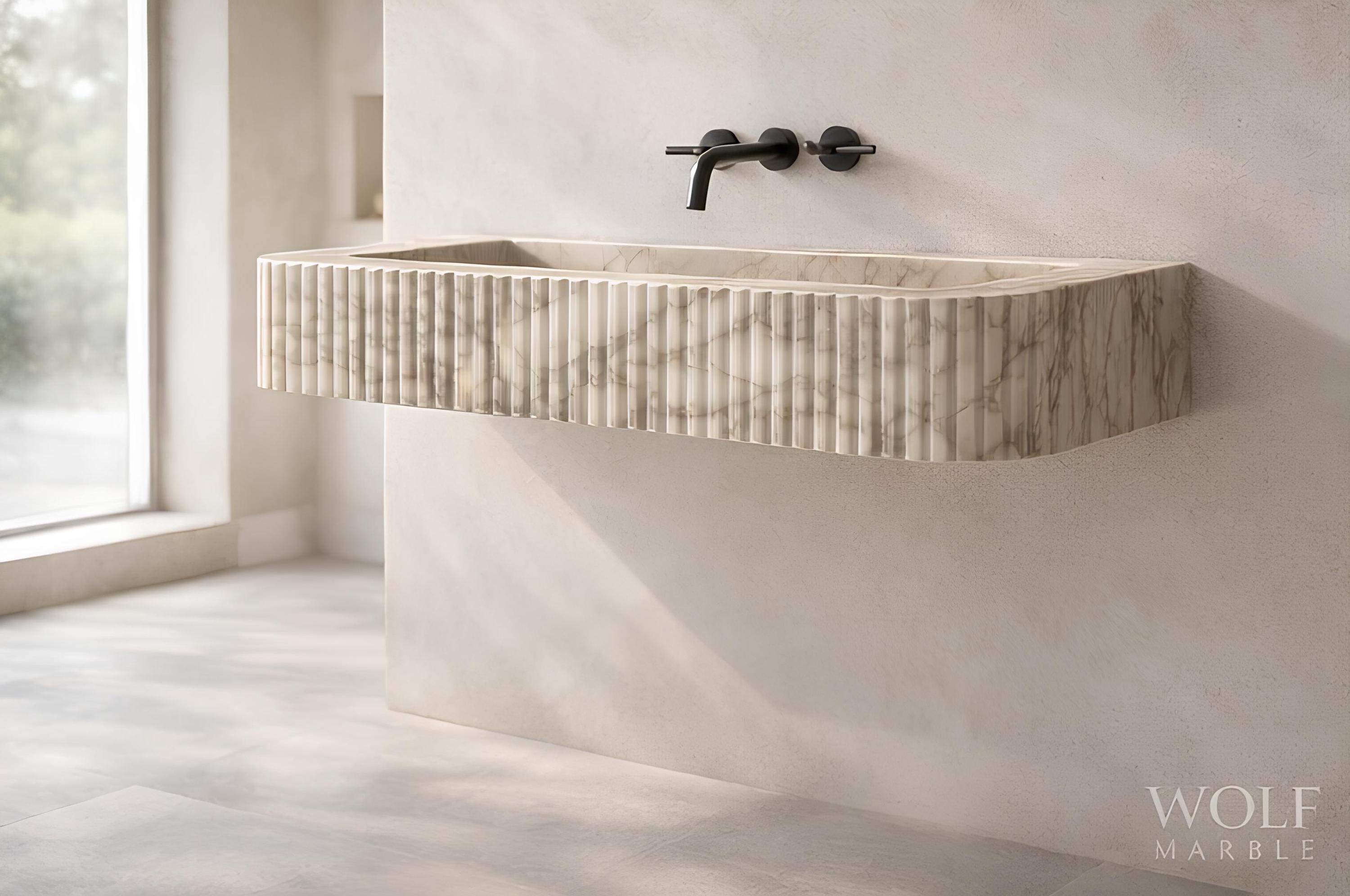 Hand-Carved Fluted Marble Floating Sink, Custom Size 2
