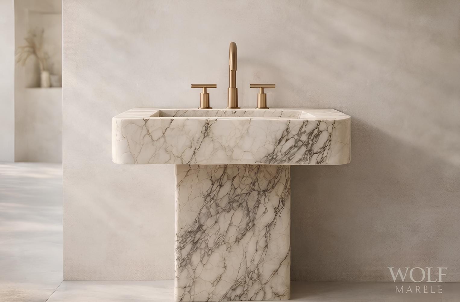 Hand-Carved Calacatta Viola Marble Sink with Pedestal | Luxury Natural Stone Bathroom Basin