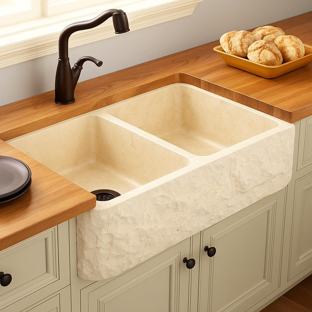 Handmade Double Bowl Farmhouse Apron Front Marble Kitchen Sink – Rustic Natural Stone Basin 2