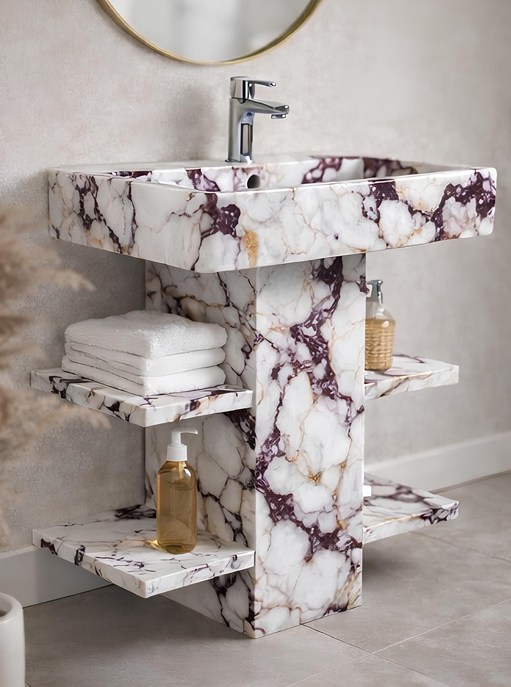 Handmade Calacatta Viola Marble Pedestal Sink with Shelves 4