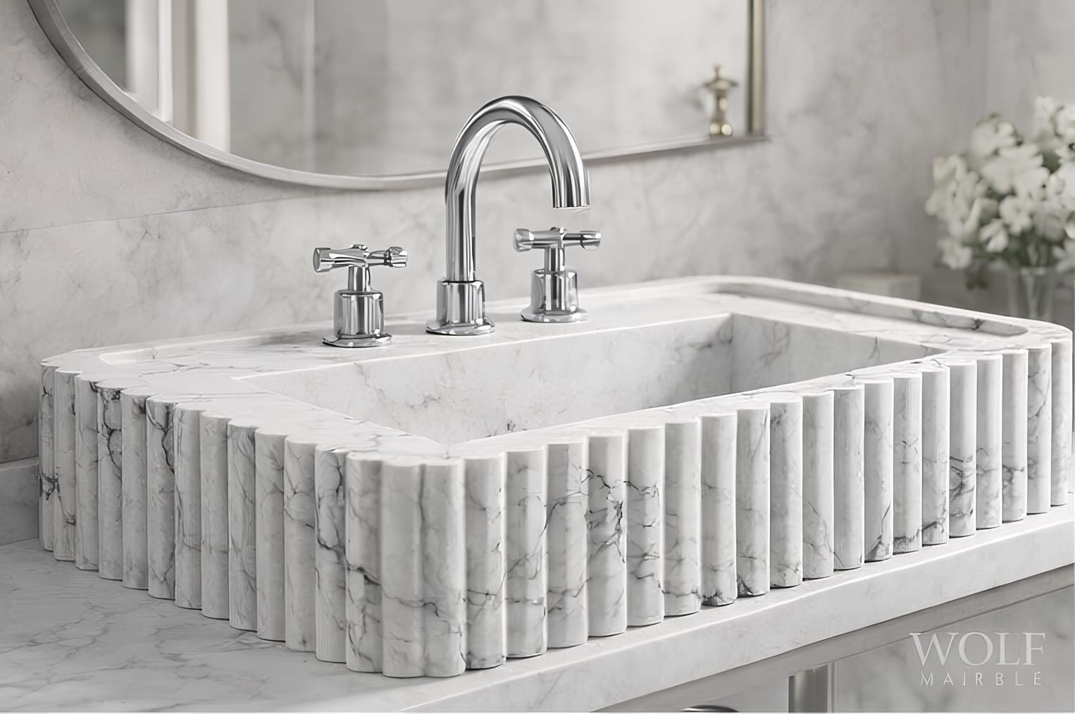 Hand-Carved Fluted Carrara Marble Sink – Luxury Bathroom Vanity Basin, Custom Size