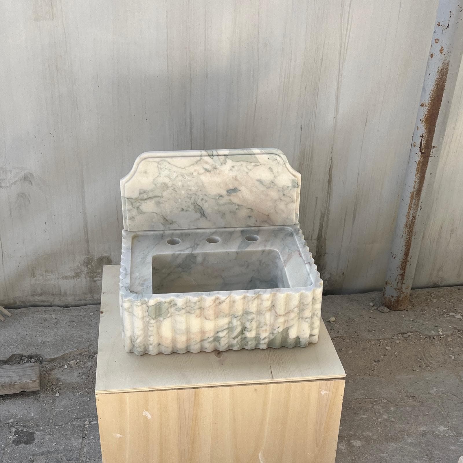 Hand Carved Fluted Marble Sink with Backsplash, Solid Natural Stone Vanity Basin 3