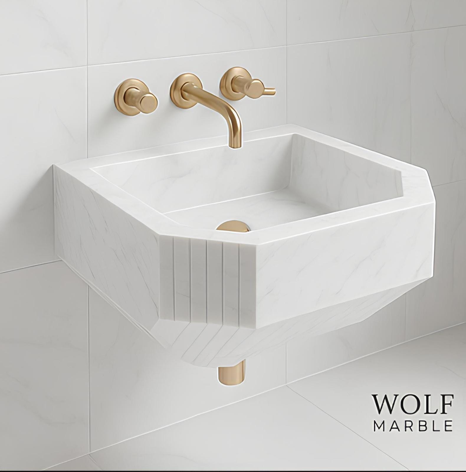 Modern Carrara White Marble Wall-Mount Sink – Geometric Hand-Carved Bathroom Basin, Custom Size