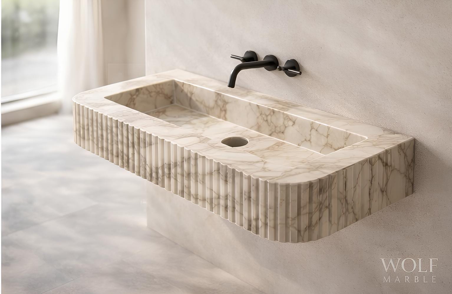 Hand-Carved Fluted Marble Floating Sink, Custom Size 3