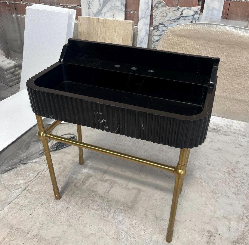 Handmade Nero Marquina  Afyon Marble Sink: Fluted Stone Basin with Brass Legs. 3