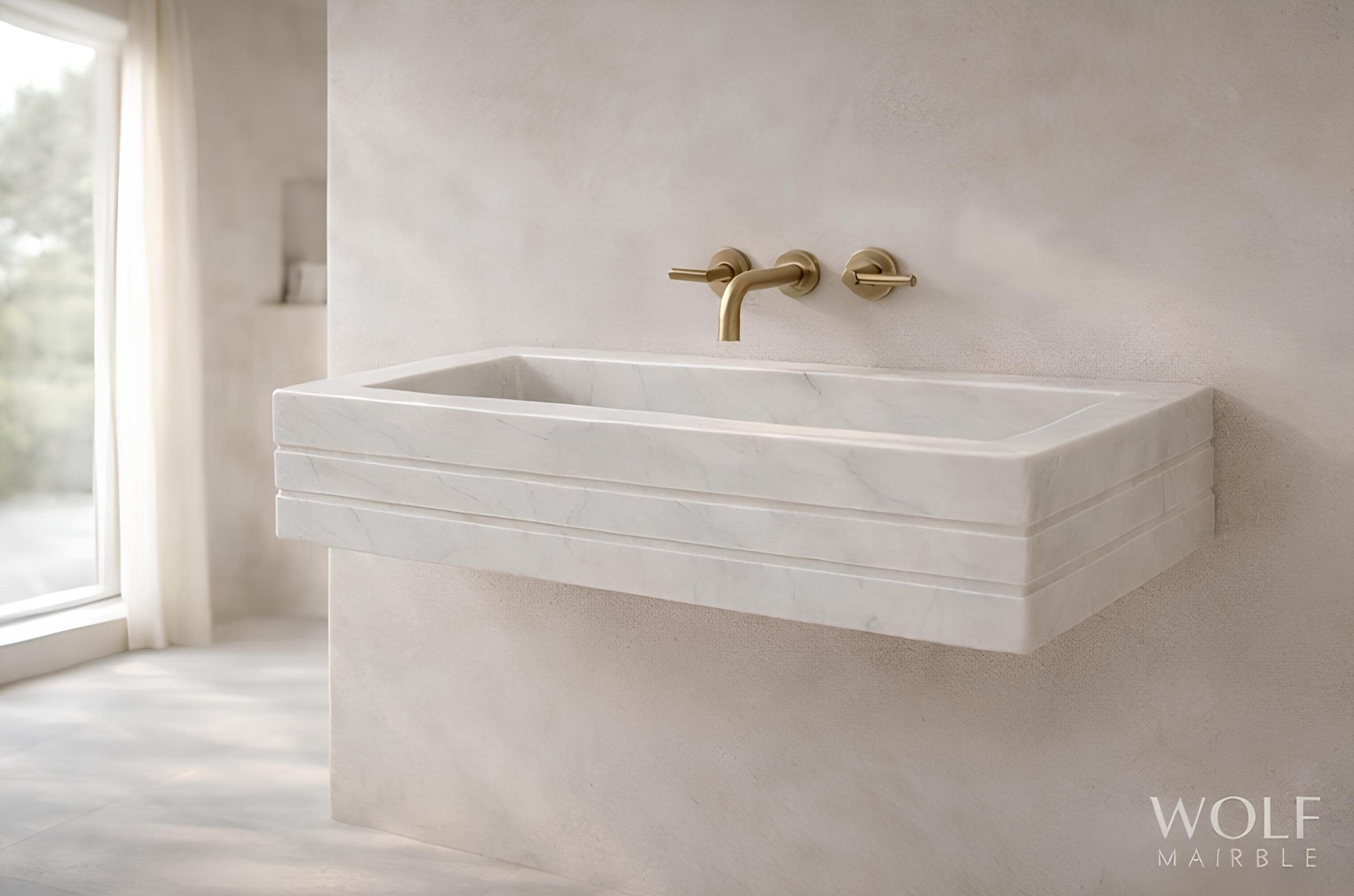 Handmade White Marble Sink – Ribbed Vanity Basin, Custom Size