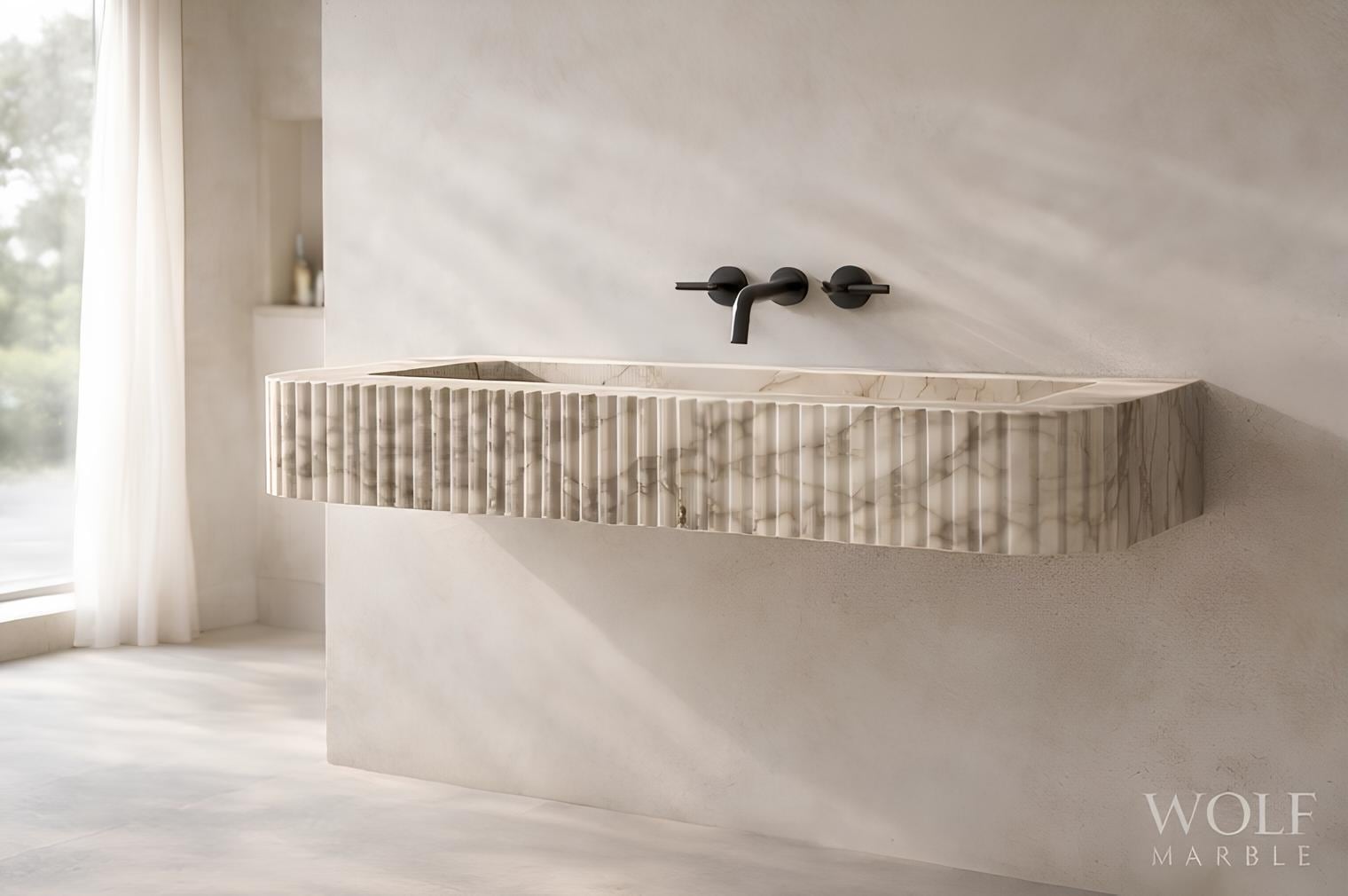 Hand-Carved Fluted Marble Floating Sink, Custom Size