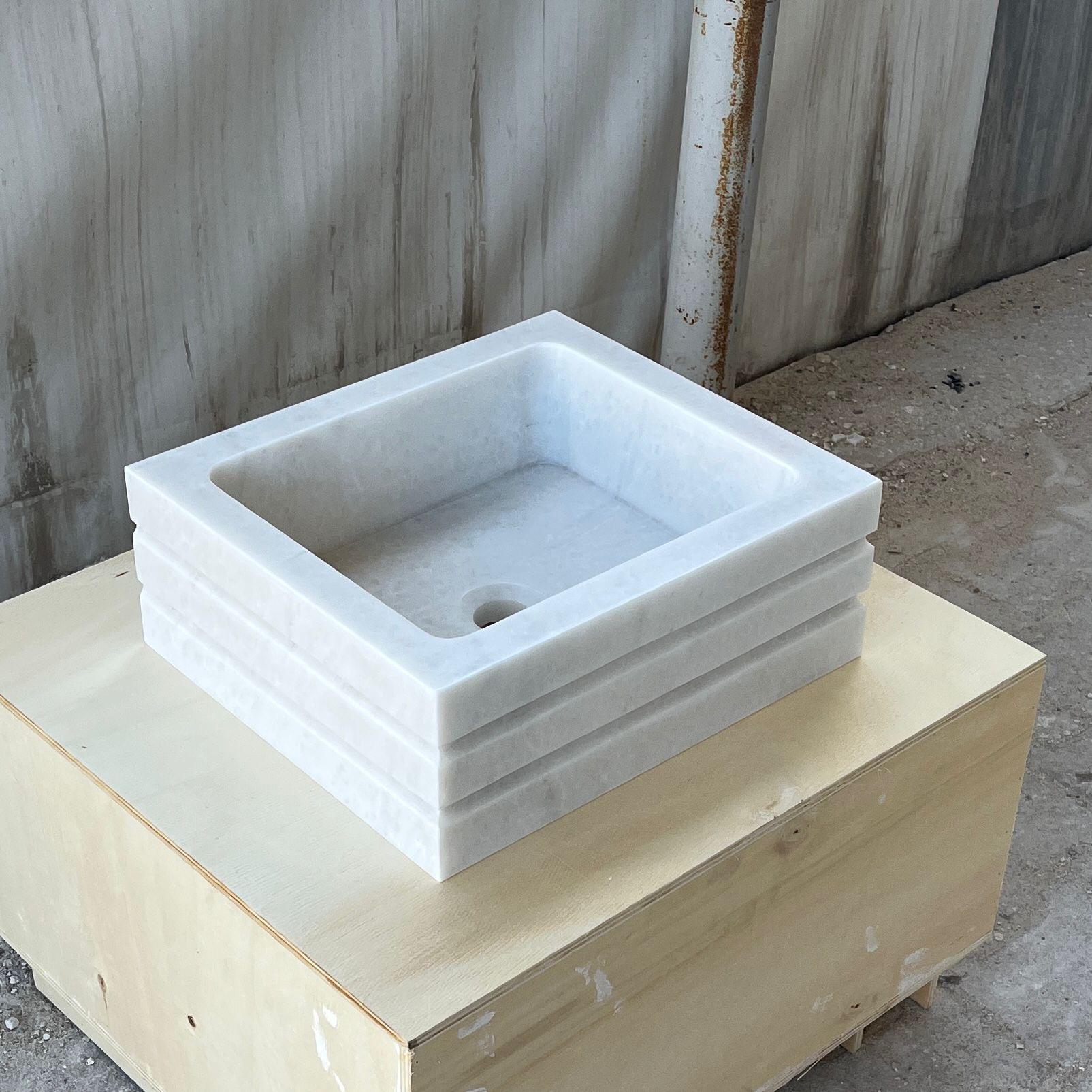 Hand-Carved Solid Marble Square Vessel Sink, Modern Layered Design 3