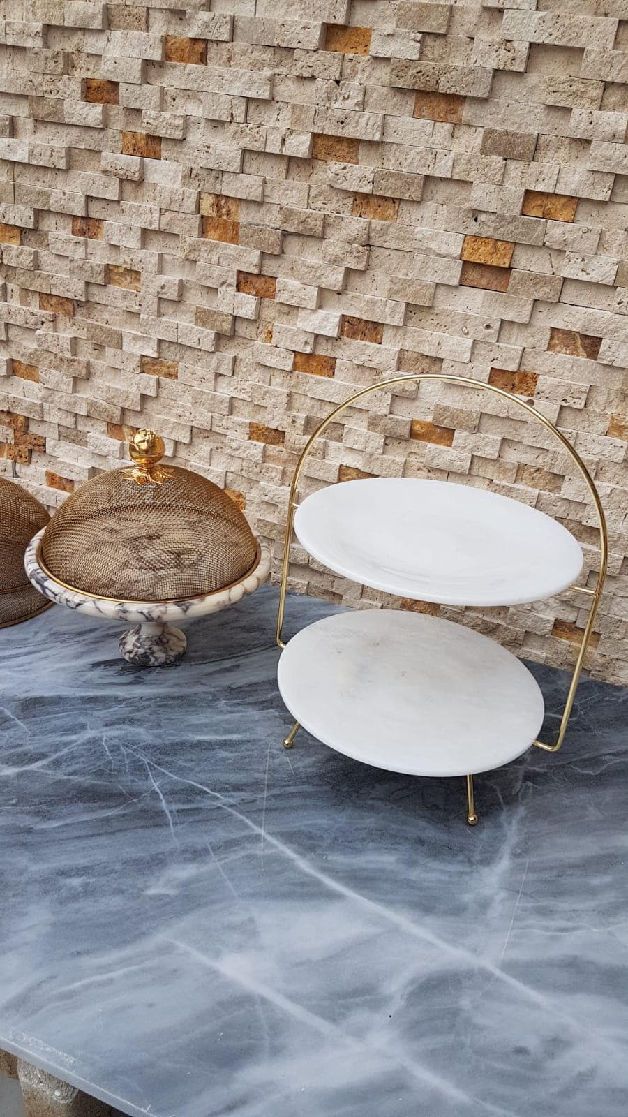 Handmade White Marble Cake Stand | Gold Metal Frame Dessert Display Accessories