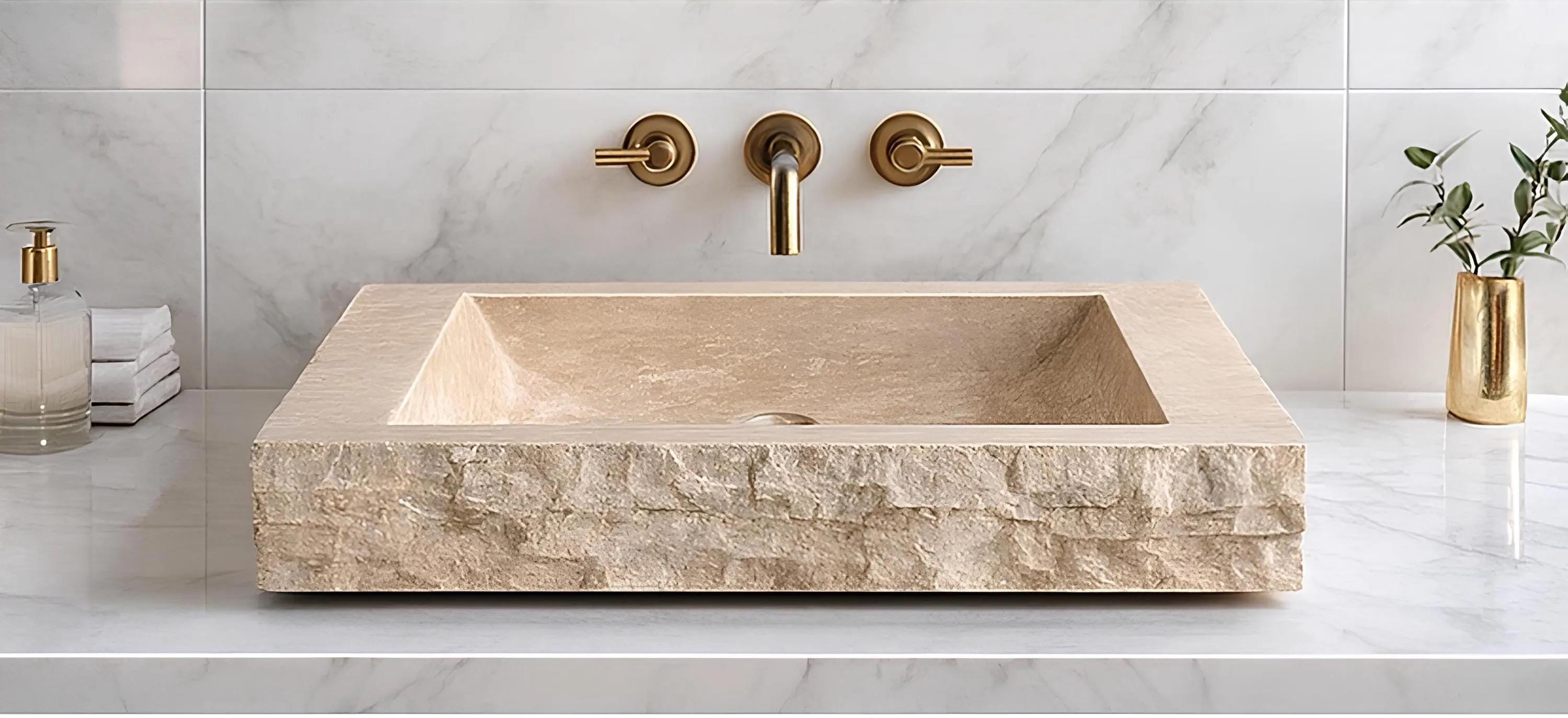 Hand-Carved Beige Travertine Bathroom Sink – Natural Chiseled Edge Stone Basin, Custom Size 4