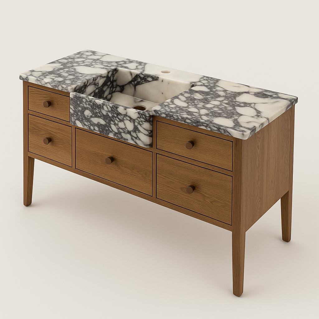 Custom Marble Sink Vanity Set – Solid Natural Afyon Marble + Wood Base | Handmade Bathroom Furniture.