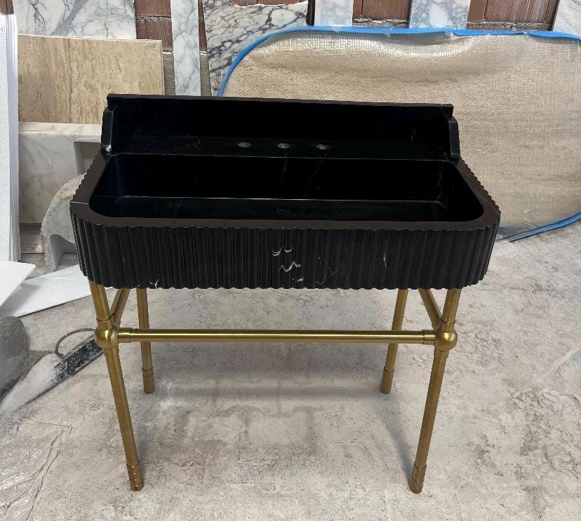 Handmade Nero Marquina  Afyon Marble Sink: Fluted Stone Basin with Brass Legs. 4