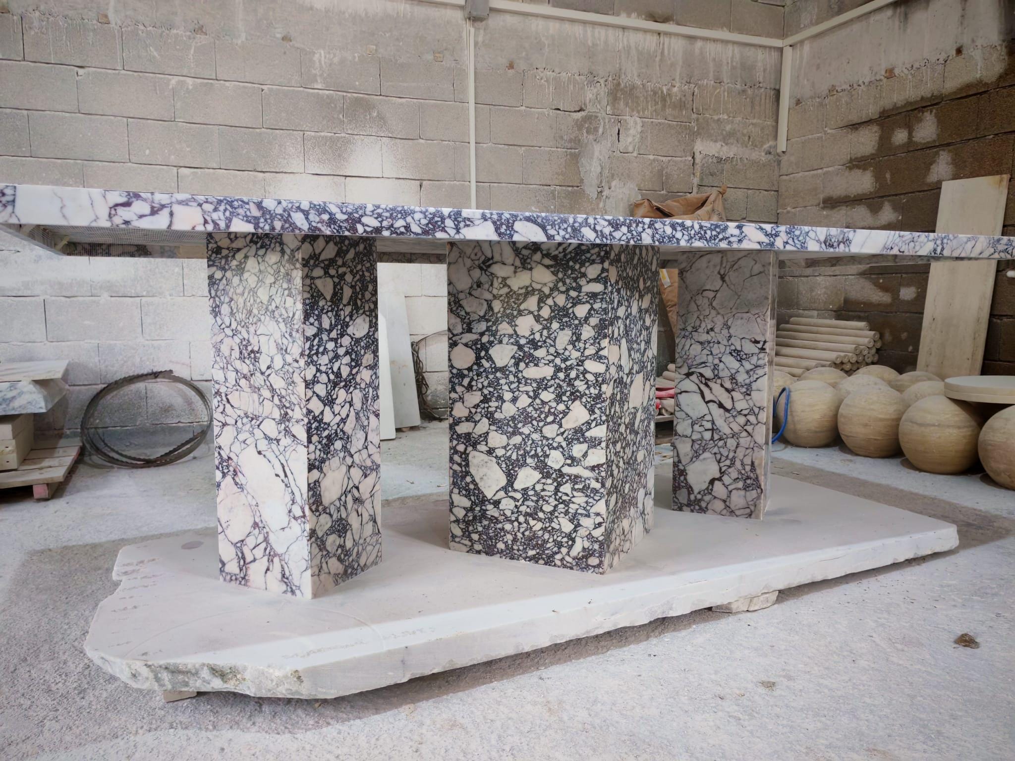 Handmade Afyon Lilac Marble Dining Table: Modern Purple Veined Stone