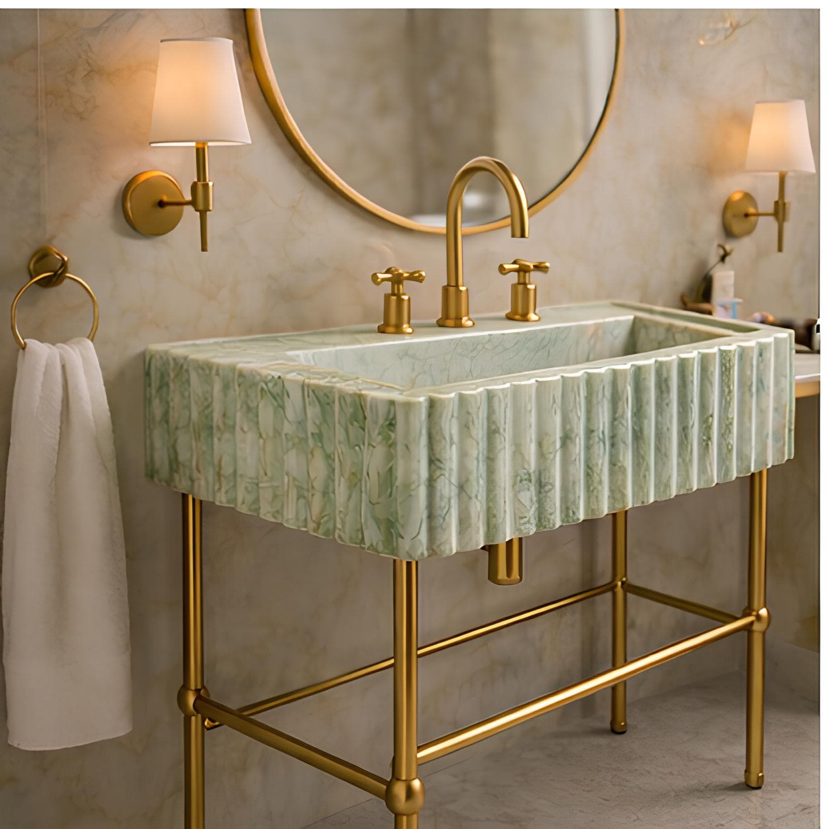 Handmade Fluted Marble Sink with Brass Console | Custom Vanity (28” x 14” x 6”) 2