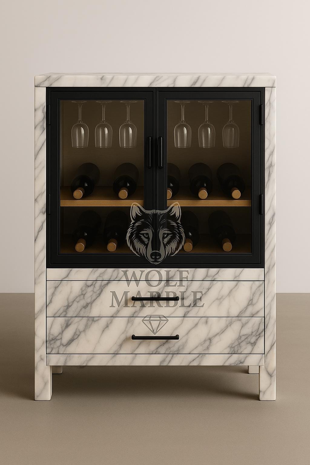 Custom Handmade Marble Wine Cabinet with Glass Doors & Drawers 2