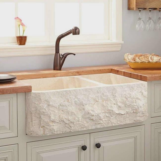 Handmade Double Bowl Farmhouse Apron Front Marble Kitchen Sink – Rustic Natural Stone Basin