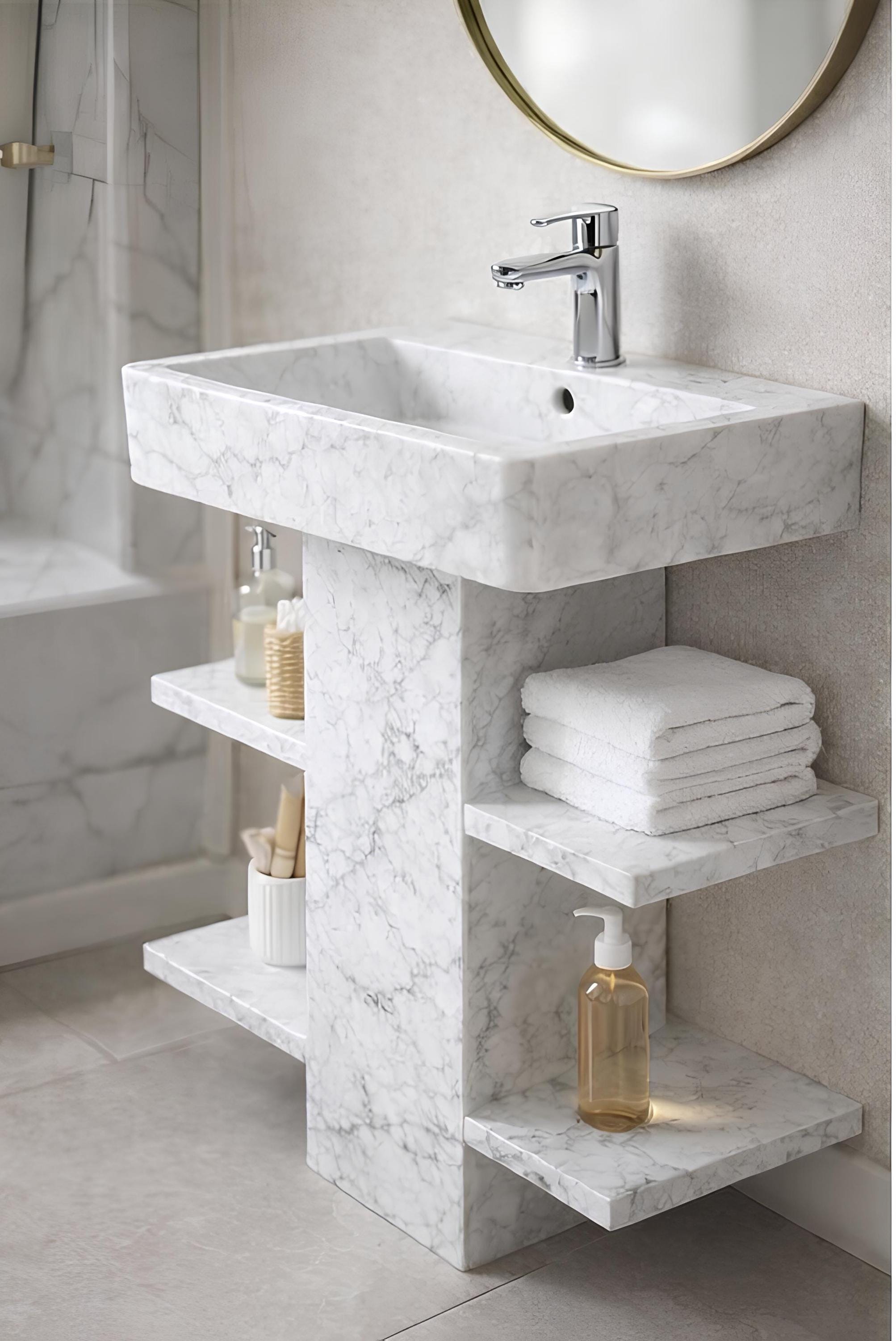 Calacatta Viola Marble Pedestal Sink | Handmade Bathroom Washbasin with Shelves 4