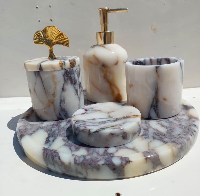 Handmade Marble Bathroom Accessories Set: Soap Dispenser, Jar, Tray & Toothbrush Holder 2