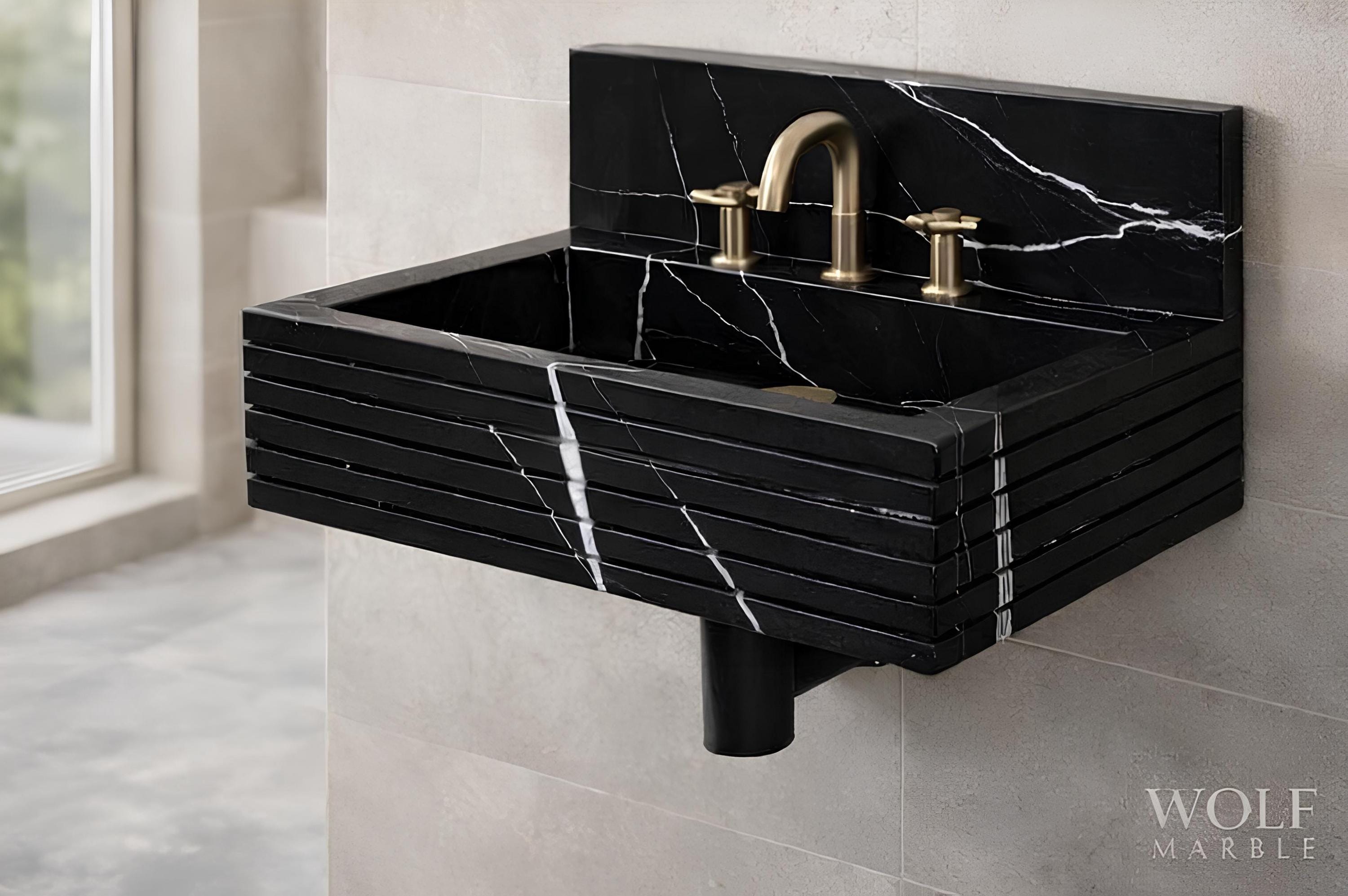 Hand-Carved Nero Marquina Black Marble Wall-Mount Sink – Ribbed Front Modern Vanity Basin, Custom Size 4