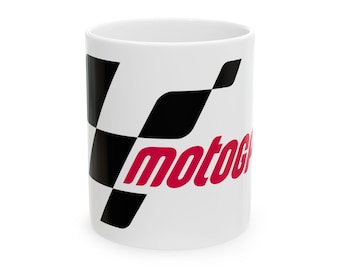 Caneca de cerâmica MotoGP, presente para fãs de corrida, decoração com bandeira quadriculada.