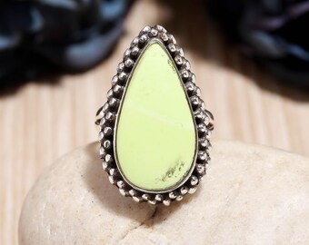 Pear Lemon Chrysoprase Ring, Sterling Silver Statement Jewelry