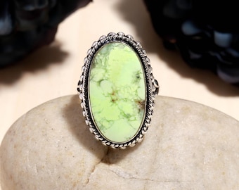 Lemon Chrysoprase Statement Ring, Oval Sterling Silver Jewelry