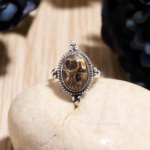 Turritella Agate Ring, 925 Sterling Silver Ring, Fossil Agate Ring, Gemstone Ring, Oval Cabochon Stone, Fossil Shell Statement Ring,********