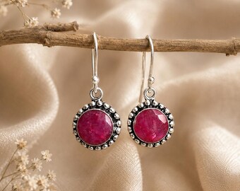 Handmade Sterling Silver Pink Ruby Drop Earrings, Round Gemstone
