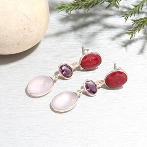 Ruby Amethyst Rose Quartz Sterling Silver Stud Earrings, Handmade Gemstone Jewelry