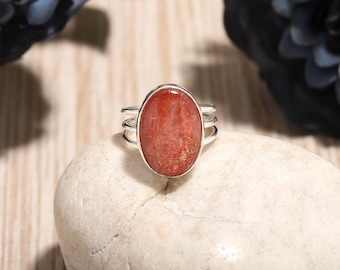 Orange Sparkle Sunstone Ring, 925 Sterling Silver, Split Band