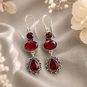 Handmade Sterling Silver Garnet Earrings: Drop Dangle Jewelry