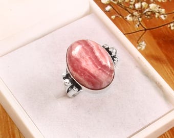 Rhodochrosite 925 Sterling Silver Ring, Pink Stone Jewelry