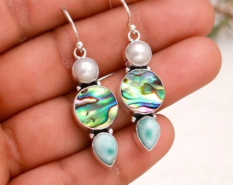 Larimar Pearl Abalone Sterling Silver Earrings, Three Stone Dangle