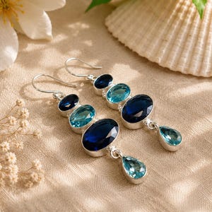 Sapphire & Blue Topaz Drop Earrings: Sterling Silver Dangle Earrings