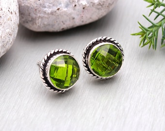 Handmade Peridot Stud Earrings: Sterling Silver Boho Jewelry