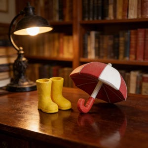 Op de afbeelding: Een miniatuurscène met gele regenlaarzen en een rood-witte paraplu. De paraplu is open en de laarzen staan naast elkaar. De items staan op een donker houten oppervlak, met een lamp en boekenkasten op de achtergrond.