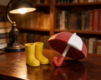 Handcrafted Wooden Umbrella & Yellow Boots Sculpture | Unique Hand-Carved Wooden Art | Playful Home Decor | Premium Natural Solid Wood