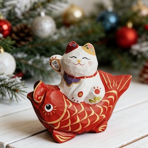 Hand-Carved Wooden Lucky Cat on Fish|Premium Natural Solid Wood|Unique Handmade Decor|Good Luck Figurine|Gift for Animal Lovers & Collectors