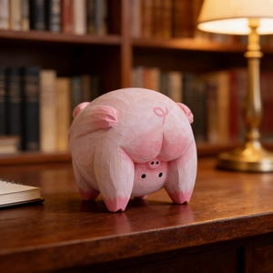 Op de afbeelding: Een roze houten varkensbeeldje met zijn kop naar beneden en achterwerk omhoog. Het varken heeft kleine, zwarte ogen en roze oren en poten. Het beeldje staat op een houten oppervlak, met een vage achtergrond van een boekenplank.