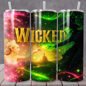May include: Three stainless steel tumblers with the word "WICKED" in gold lettering. Each tumbler features a different scene from the musical, including a princess, a castle, and a green-skinned witch. The tumblers have clear straws.