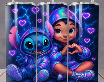 3D Love Lilo and Stitch Neon Tumbler Wrap, Stitch Tumbler Wrap Sublimation Design PNG, 20oz Skinny Straight & Tapered Lilo Tumbler Wrap